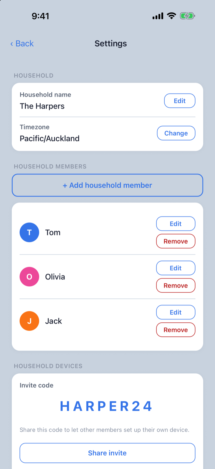 FamilyMeals household settings — invite code and members, each on their own device