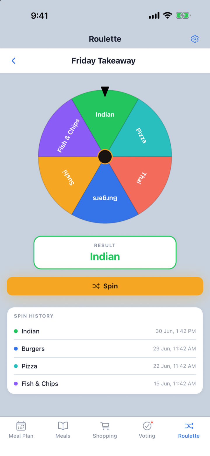 FamilyMeals roulette — spin to settle takeaway or undecided nights
