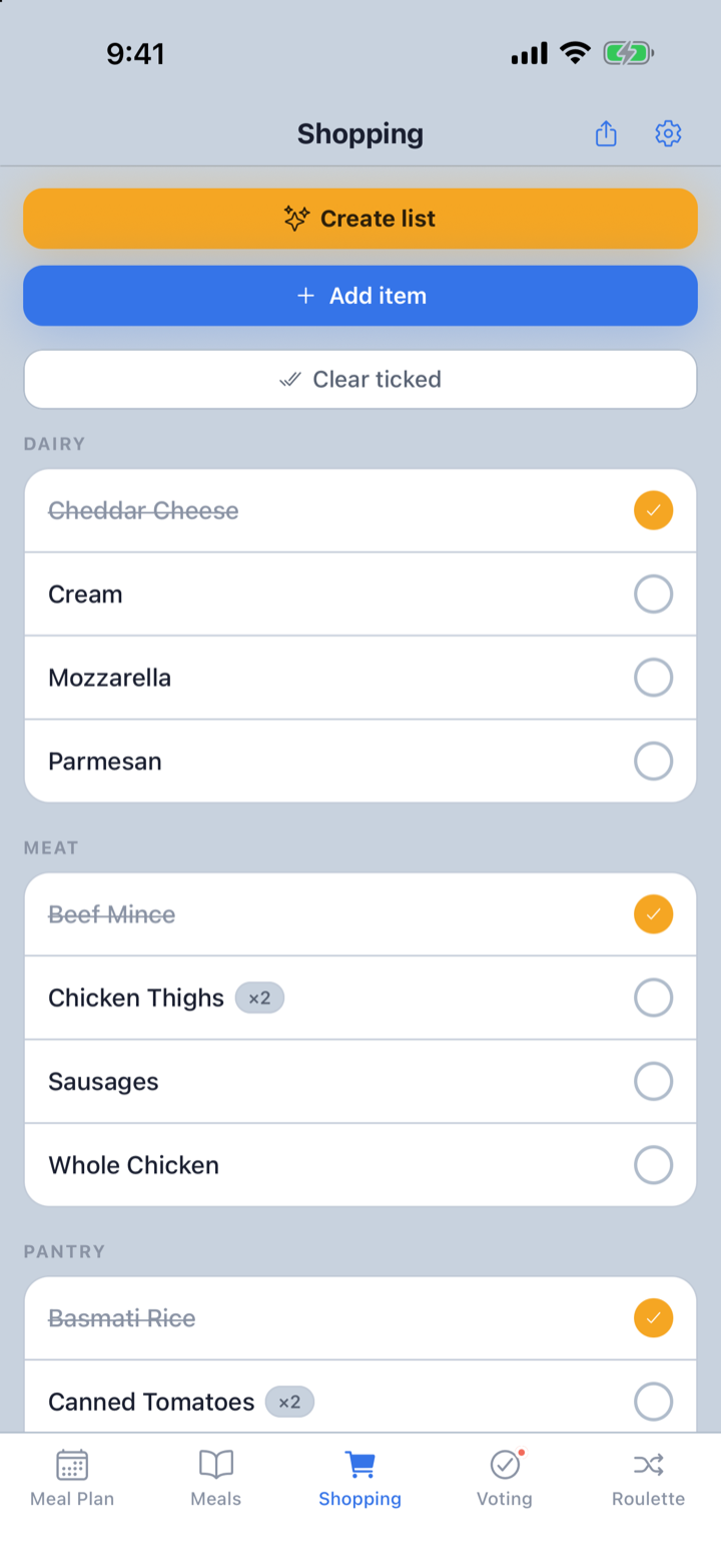 FamilyMeals shopping list — ingredients from planned meals, grouped by aisle and tickable