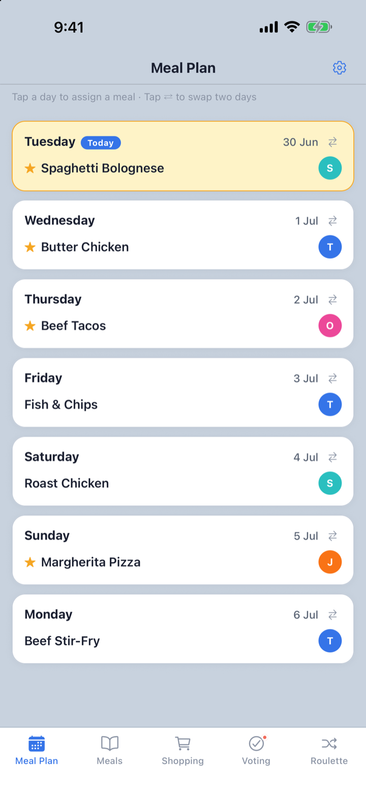 FamilyMeals weekly dinner plan — each night's meal and who's cooking